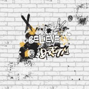 טפט גרפיטי שחור חרדל ובריקים לבנים