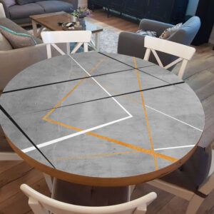 מפת שולחן פי וי סי עגולה בטון עם פסי זהב, לבן ושחור