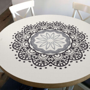 מפת שולחן פי וי סי עגולה מנדלה קרם ואפור