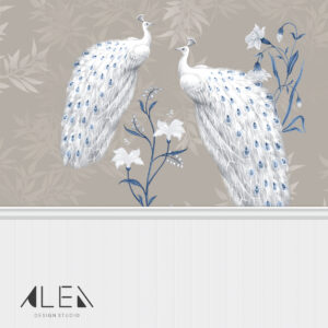 טפט טווסים לבנים ופרחים בגווני בז׳ וכחול