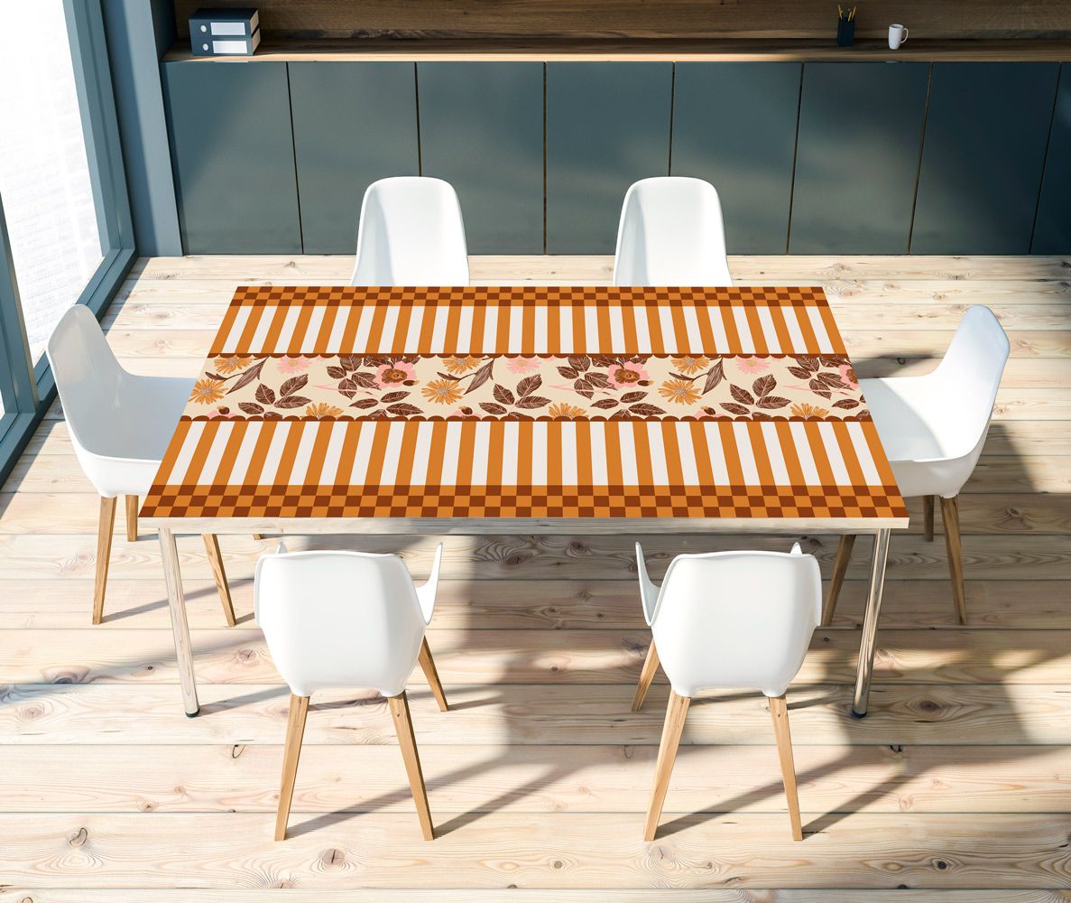 מפת שולחן פי וי סי משבצות ופריחה כרמל