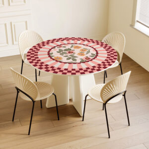 מפת שולחן פי וי סי עגולה משבצות ופריחה בורדו