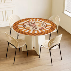 מפת שולחן פי וי סי עגולה משבצות ופריחה חום