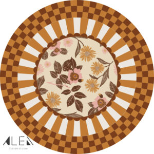 מפת שולחן פי וי סי עגולה משבצות ופריחה חום