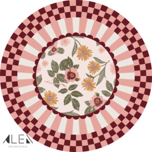 מפת שולחן פי וי סי עגולה משבצות ופריחה בורדו