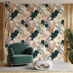 טפט פרחים אבסטרקטיים בגווני אדמה וירוק