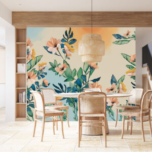 טפט פרחים צבעי שמן בגווני ירוק־כחול ושקיעה