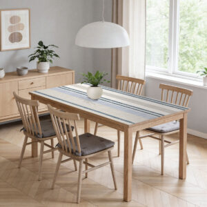 מפת שולחן פי וי סי פסים סקנדינבי בגווני תכלת ושמנת