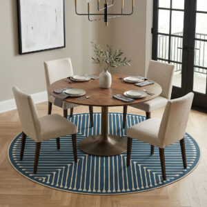 שטיח פי וי סי עגול גיאומטרי כחול עמוק ושמנת