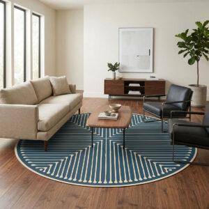 שטיח פי וי סי עגול גיאומטרי כחול עמוק ושמנת