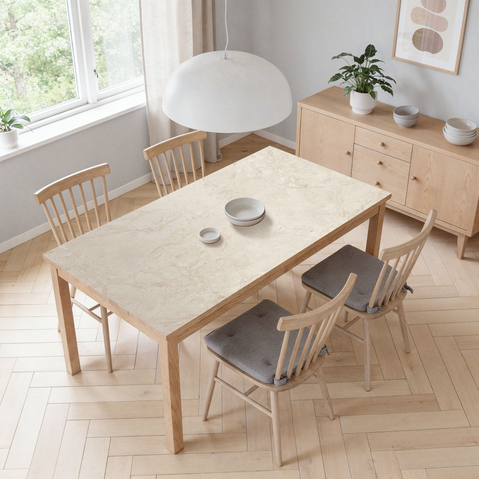 מפת שולחן פי וי סי מרובעת דמוי טרוונטין בגוון שמנת