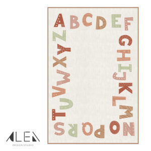 שטיח פי וי סי לחדר ילדים ABC בגווני פודרה מרווה וטרקוטה