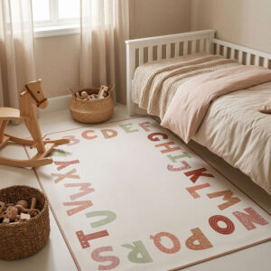 שטיח פי וי סי לחדר ילדים ABC בגווני פודרה מרווה וטרקוטה