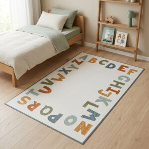 שטיח פי וי סי לחדר ילדים ABC בגווני מרווה כחול וחרדל