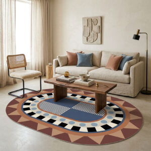 שטיח פי וי סי לסלון אובלי גאומטרי טרקוטה כחול