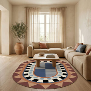 שטיח פי וי סי לסלון אובלי גאומטרי טרקוטה כחול