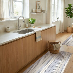 שטיח מטבח פי וי סי פסים נורדיים בגווני תכלת, שמנת וכחול