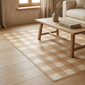 שטיח פי וי סי לסלון/לחדר משבצות קרמל ושמנת