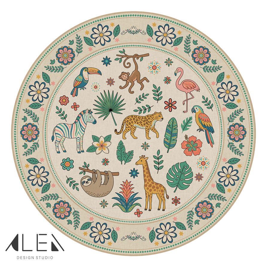 שטיח פי וי סי עגול לחדר ילדים דגם ספארי צבעוני – תמונה 2