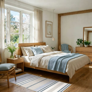 שטיח פי וי סי לחדר/סלון פסים סקנדינבי בגווני תכלת ושמנת