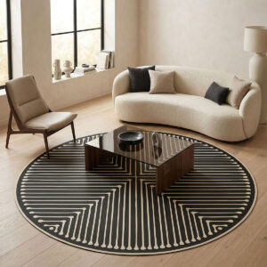 שטיח פי וי סי עגול גיאומטרי שחור ושמנת