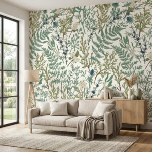 טפט עלים ופרחים בסגנון בוטני טבעי