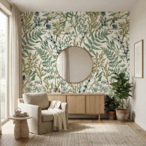 טפט עלים ופרחים בסגנון בוטני טבעי