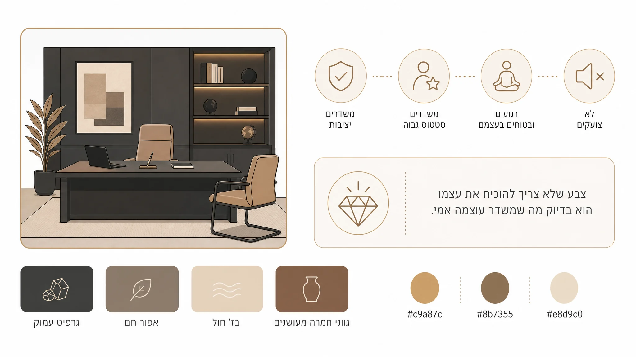 פלטת צבעים ניטרלית לחדר הנהלה - גרפיט, בז׳ וגוונים חמים