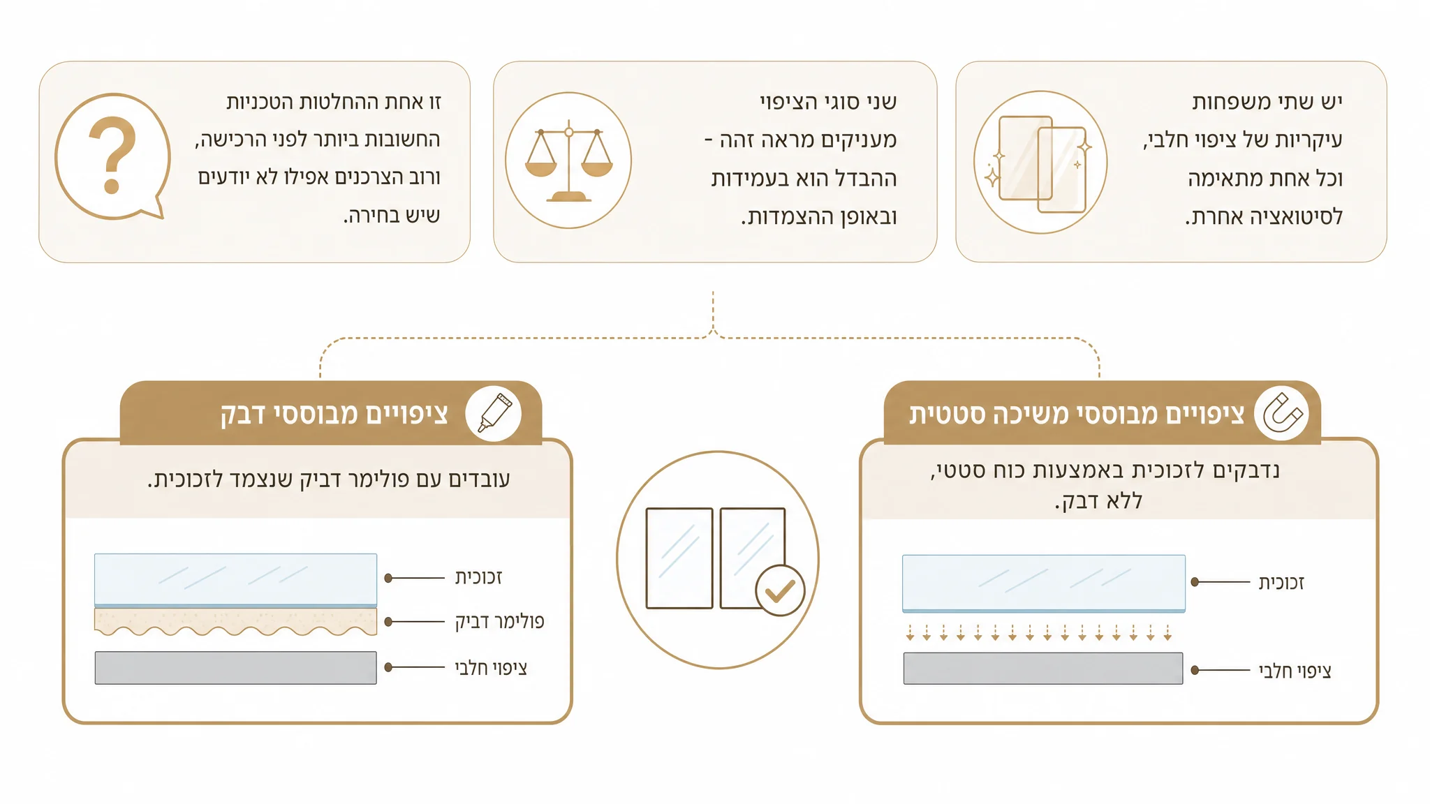 השוואה בין ציפוי חלון מבוסס דבק לציפוי סטטי