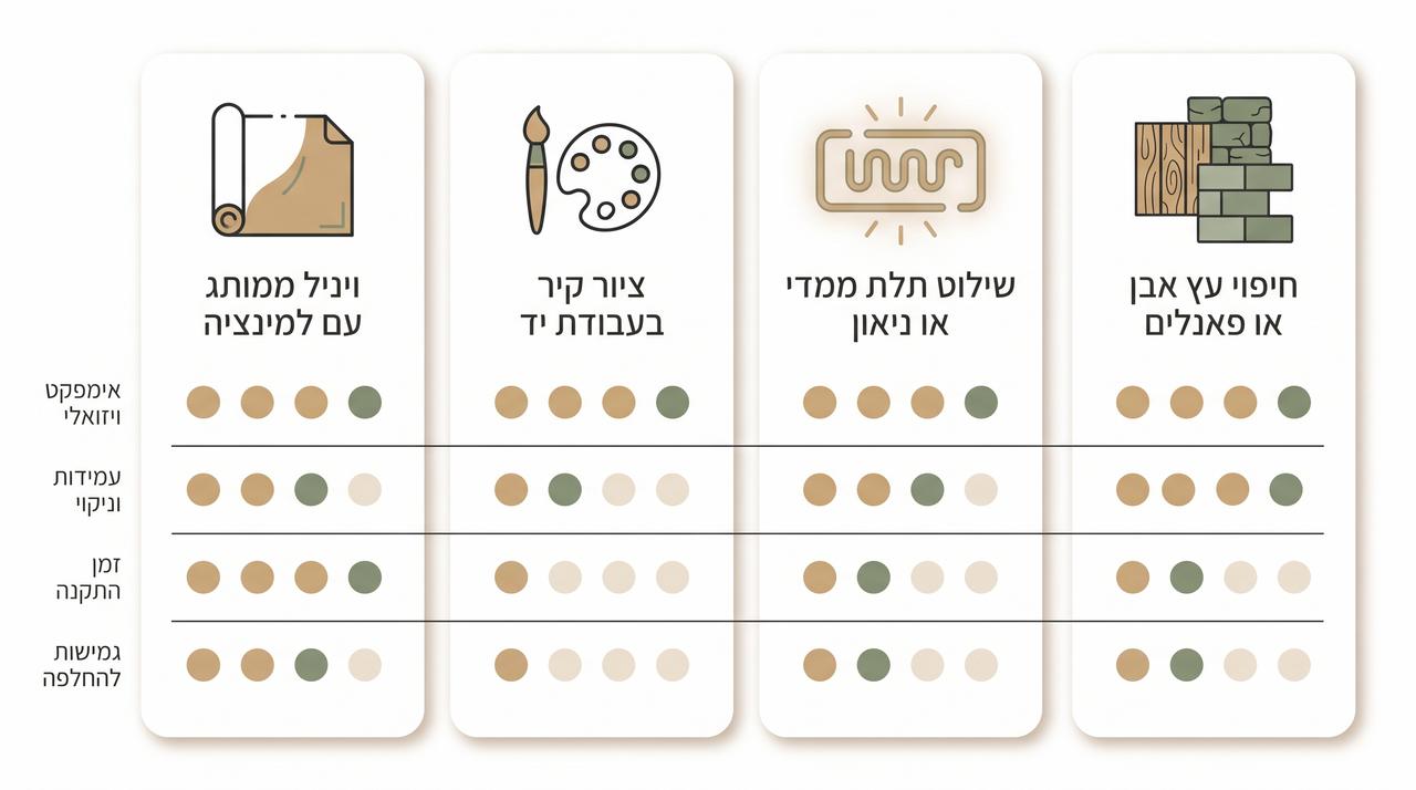 השוואה חזותית בין פתרונות עיצוב לקיר בית