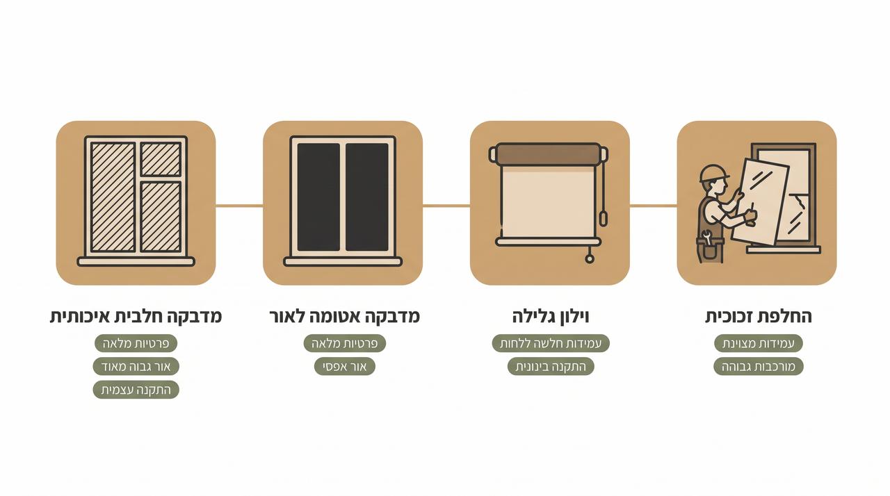השוואה חזותית בין ארבעה פתרונות לחלון חדר רחצה