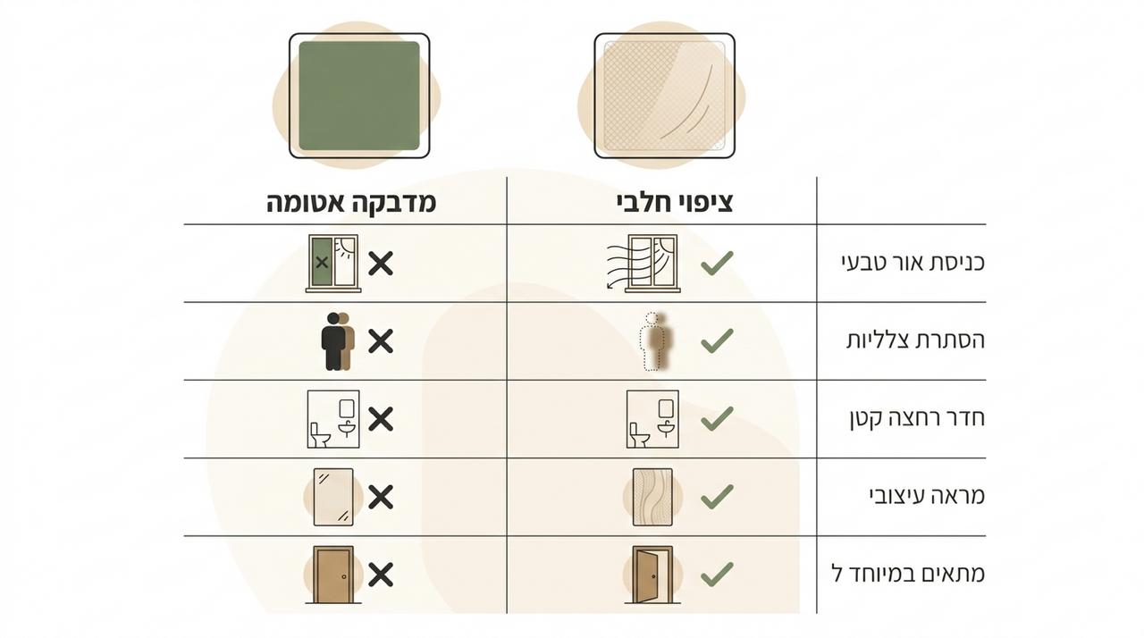 טבלת השוואה בין ציפוי חלבי למדבקה אטומה למקלחון
