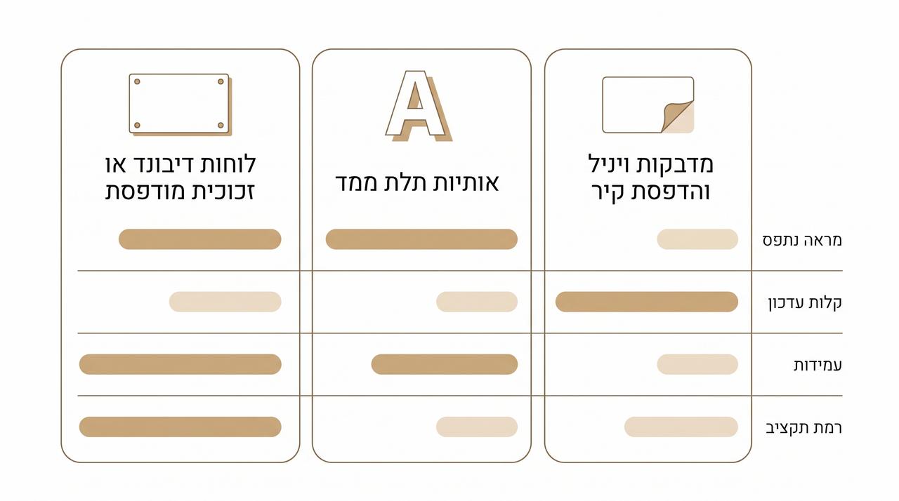 השוואה בין מדבקות ויניל, אותיות תלת ממד ולוחות קשיחים לקיר ממותג