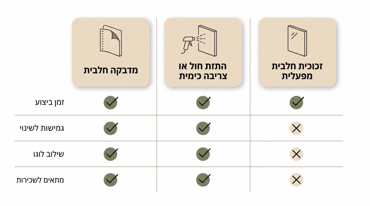 השוואה בין מדבקה חלבית לחיפוי זכוכית קבוע