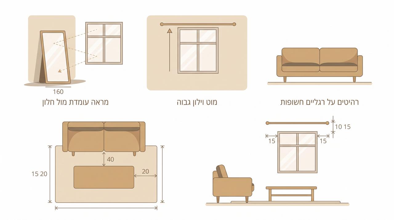 אביזרים ניידים לדירה שכורה כולל מוט וילון ומנורת רצפה