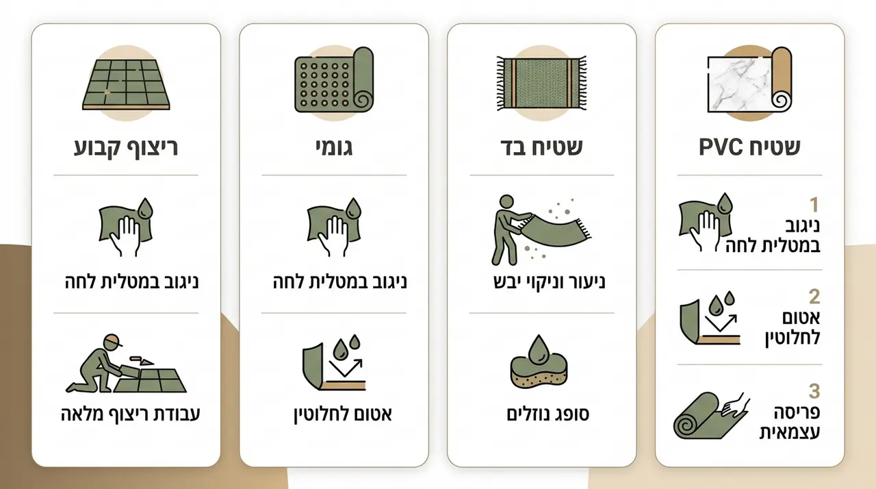 אינפוגרפיקת השוואה בין שטיח PVC אריחי שיש לשטיח בד, משטח גומי וריצוף קבוע
