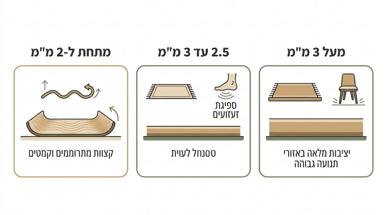 אינפוגרפיקה המסבירה את השפעת עובי שטיח ה-PVC על היציבות ותחושת הדריכה