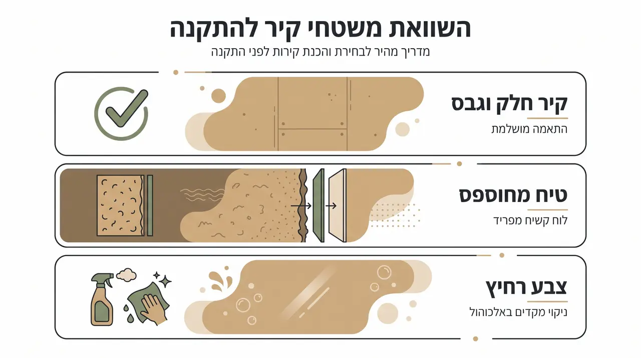המחשה של התאמת מדבקות קיר לסוגי תשתית שונים כמו טיח מחוספס, גבס וצבע רחיץ