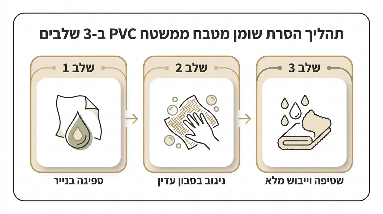 ניקוי כתם שמן משטיח PVC במטבח בעזרת מטלית ונוזל כלים