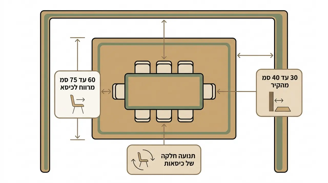 המחשה של בליטת השטיח מעבר לשולחן האוכל לצורך תנועת הכיסאות