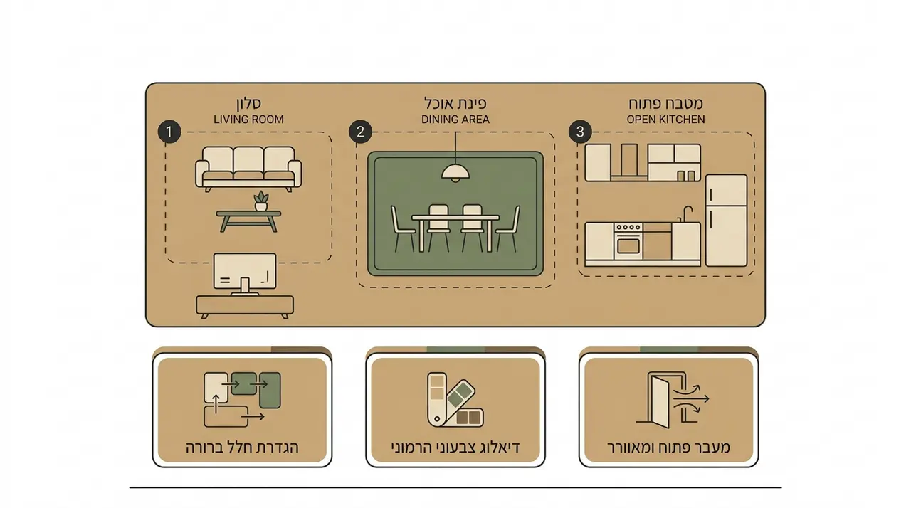 שטיח המגדיר את פינת האוכל בדירה עם סלון ומטבח בחלל פתוח
