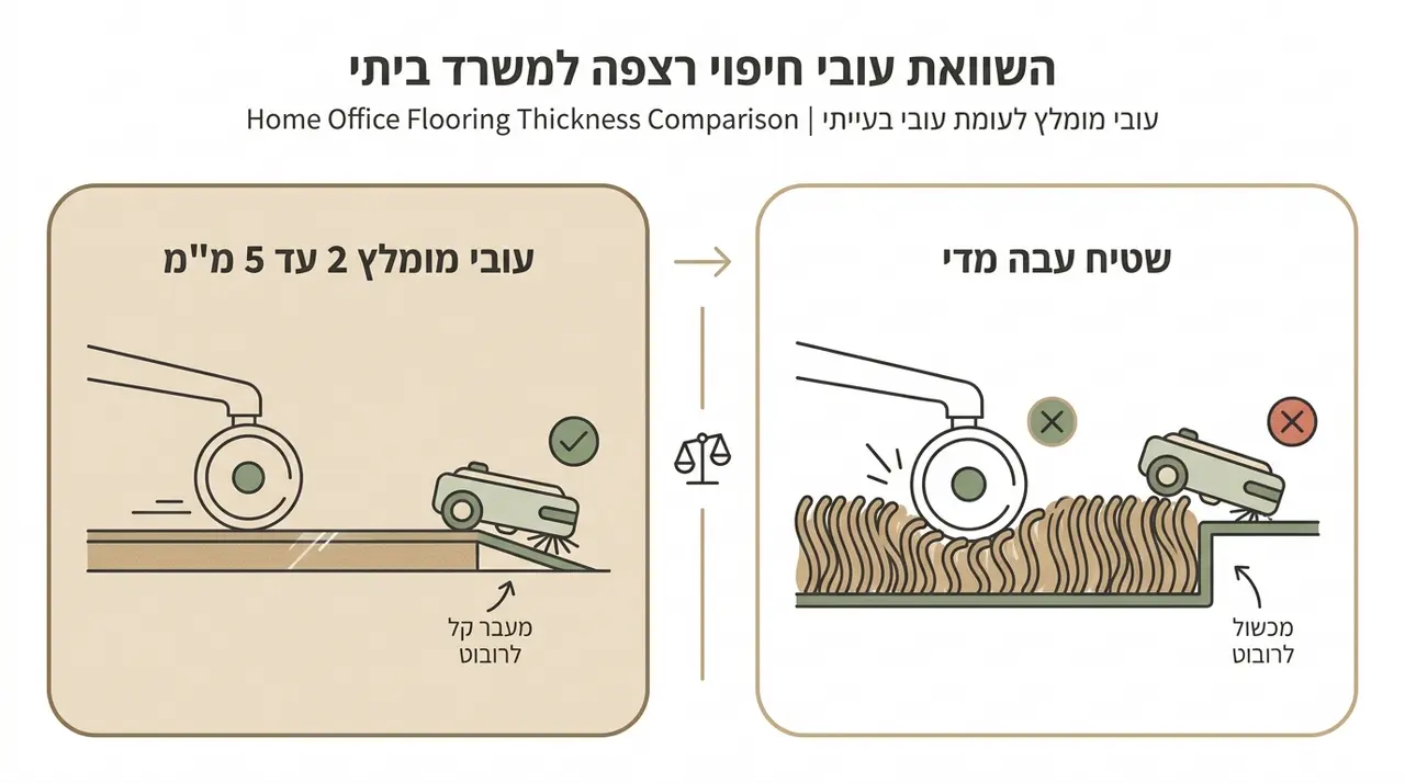 המחשה של עובי שטיח מומלץ בחדר עבודה לצד כיסא משרדי