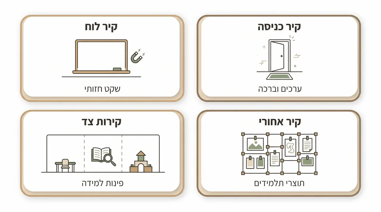תרשים הממחיש חלוקה נכונה של קירות הכיתה לפי יעוד ולמניעת עומס חזותי